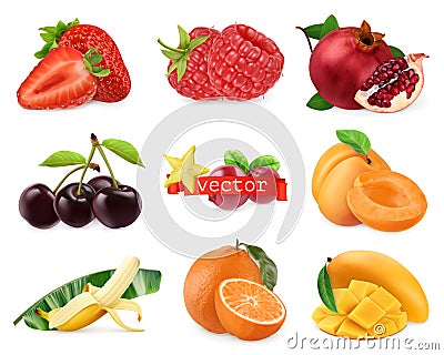 Fresh fruits and berries. Strawberry, raspberry, pomegranate, cherry, apricot, banana, orange, mango. 3d realistic vector set Vector Illustration