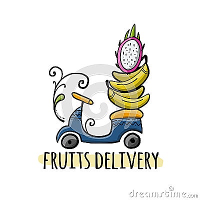 Fresh Fruits Delivery. Asian Style Motorbike. Sketch for your design Vector Illustration