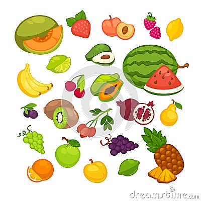 Fresh fruits icons set. Collection of vector sweet vegetarian food illustration Vector Illustration