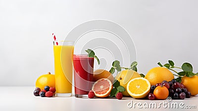 Fresh Fruits juices. Glasses of Fruits juice with Fruits on the table. Healthy and diet food. Minimalism. Photo AI generated Stock Photo