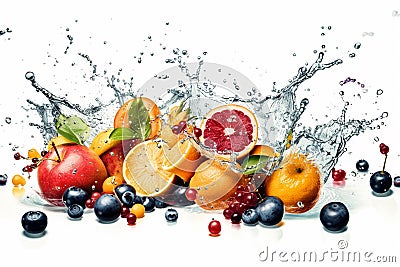 Fresh fruits - oranges, kiwis, apples, and grapes - in a splash of water, creating a refreshing and vibrant image. Ai generated Cartoon Illustration