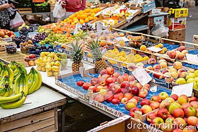 Fresh fruits in Ortigia fresh food street market. Syracuse, Sicily, Italy Editorial Stock Photo