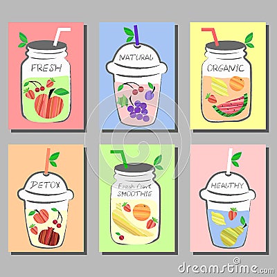 Fresh fruits Smoothie, Detox water colorful cards with different fruits. Vector Illustration