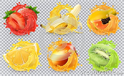 Fresh fruits and splashes, 3d realistic vector icon set Vector Illustration