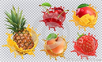 Fresh fruits and splashes, 3d vector icon set Vector Illustration