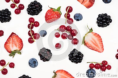 Fresh fruits swim in fresh yoghurt cream Stock Photo