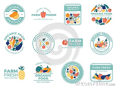 Fresh fruits and vegetables badges. Organic food, natural products and summer fruit. Vegetable badge vector illustration Vector Illustration