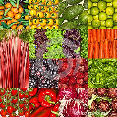 Fresh fruits and vegetables collage, healthy vegan vegetarian nutrition food Stock Photo