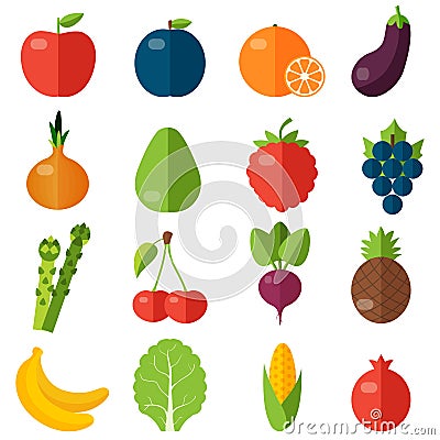 Fresh fruits and vegetables flat icons set. Vector Illustration