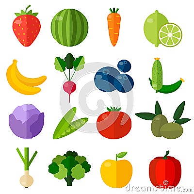 Fresh fruits and vegetables flat icons set. Vector Illustration