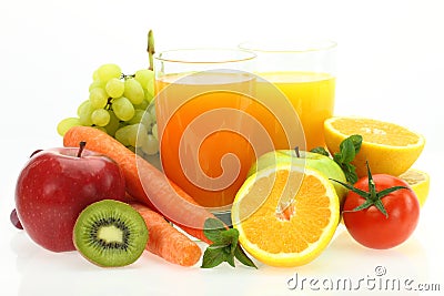 Fresh fruits, vegetables and juice Stock Photo