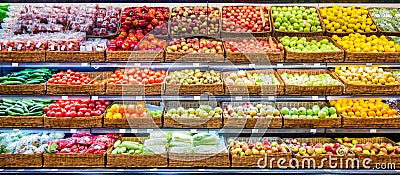 Fresh fruits and vegetables on shelf in supermarket Stock Photo