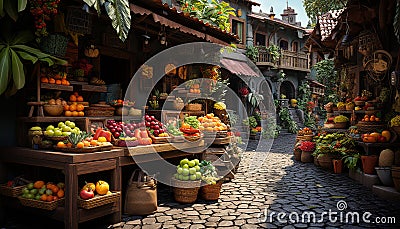 Fresh fruits and vegetables, a vibrant variety of nature bounty generated by AI Stock Photo