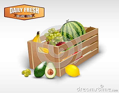 Fresh fruits in wooden crates on a white background Vector Illustration