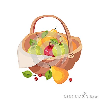 Fresh Garden Fruit Harvest In Wicker Picnic Basket, Farm And Farming Related Illustration In Bright Cartoon Style Vector Illustration