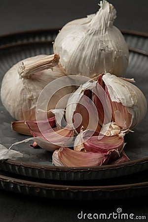 Garlic bulbs on a tray Stock Photo