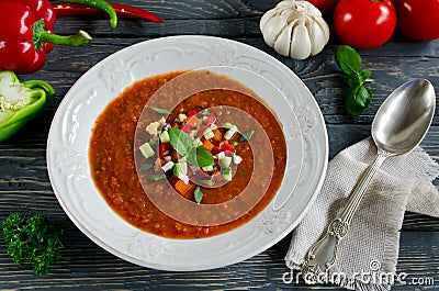 Fresh gazpacho on a wooden table Stock Photo