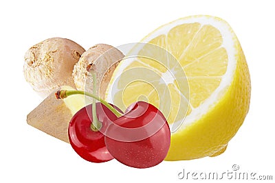 Fresh ginger with lemon and cherries isolated on white background Stock Photo