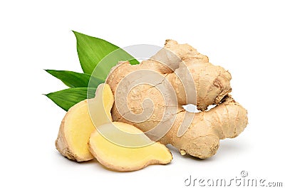 Fresh ginger rhizome with sliced and green leaves Stock Photo