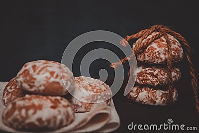 Fresh gingerbread cookies tied with a rope Stock Photo