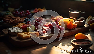 Fresh gourmet appetizer plate: fruit, meat, bread generated by AI Stock Photo