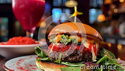 Fresh gourmet burger grilled on barbecue flame generated by AI Stock Photo