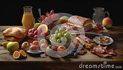 Fresh gourmet meal on rustic table with fruit, meat, and bread generated by AI Stock Photo