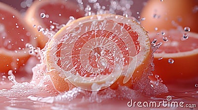 Fresh Grapefruit Halves Splashed With Water on a Pink Background Stock Photo