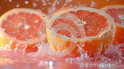 Fresh Grapefruit Halves Splashed With Water on a Pink Background Stock Photo