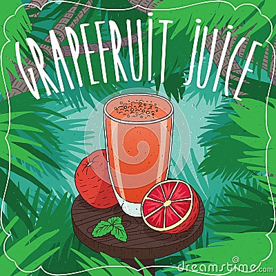 Fresh grapefruit juice in glass with ripe fruits Vector Illustration