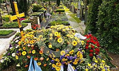 A fresh grave in a cemetery Stock Photo