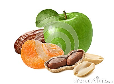 Fresh green apple, date, dry apricots and peanuts isolated on white background Stock Photo