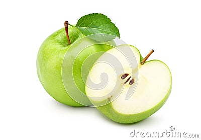 Fresh green apple with green leaf and cut in half Stock Photo