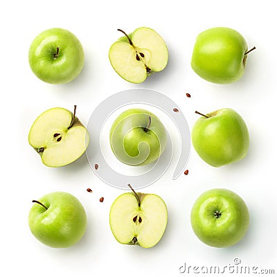 Fresh green apples with seeds isolated on white background. Fruits pattern, top view, flat lay. Stock Photo