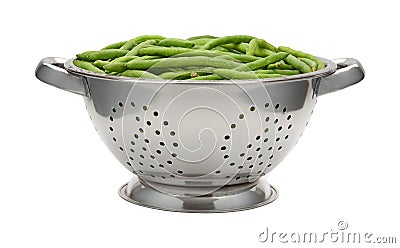 Fresh Green Beans in a Stainless Steel Colander Stock Photo