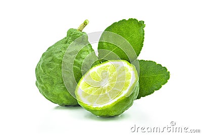 Fresh green bergamot fruit Organic herbal natural and half with leaf isolated on white background Stock Photo