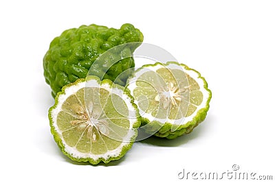 Green Bergamot or Leech Lime fruit slice on white background Stock Photo