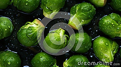 Fresh green brussels sprouts with water drops background. Vegetables backdrop. Generative AI Stock Photo