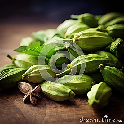 Fresh green cardamom pods on a wooden background - selective focus Stock Photo