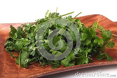 Fresh green cilantro, coriander leaves on wooden board. Stock Photo