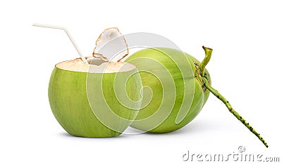 Fresh green coconut with straw Stock Photo