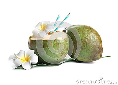 Fresh green coconuts with drinking straws Stock Photo