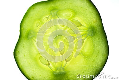 Fresh, green cucumber slice macro photo. Round slice of cucumber with seeds. Green pickle pulp Stock Photo