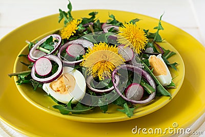 Fresh green dandelion salad on yellow plate Stock Photo