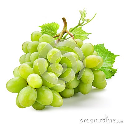 Fresh green grapes with leaves. Isolated on white Stock Photo