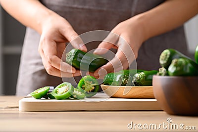 Fresh green Jalapeno chili cutting on wooden board Stock Photo