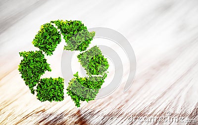 Fresh green leaf recycle symbol on wooden desk with blurred back Cartoon Illustration