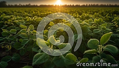 Fresh green leaves grow in a meadow, basking in sunlight generated by AI Stock Photo