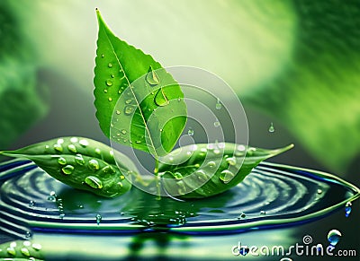 Fresh green leaves with water drops over the water relaxation with water ripple drops. Generative AI Stock Photo