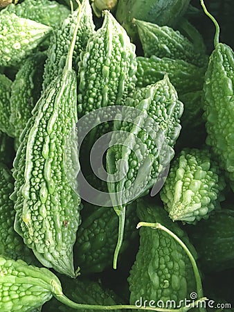 Green Momordica charantia fruit in market Stock Photo